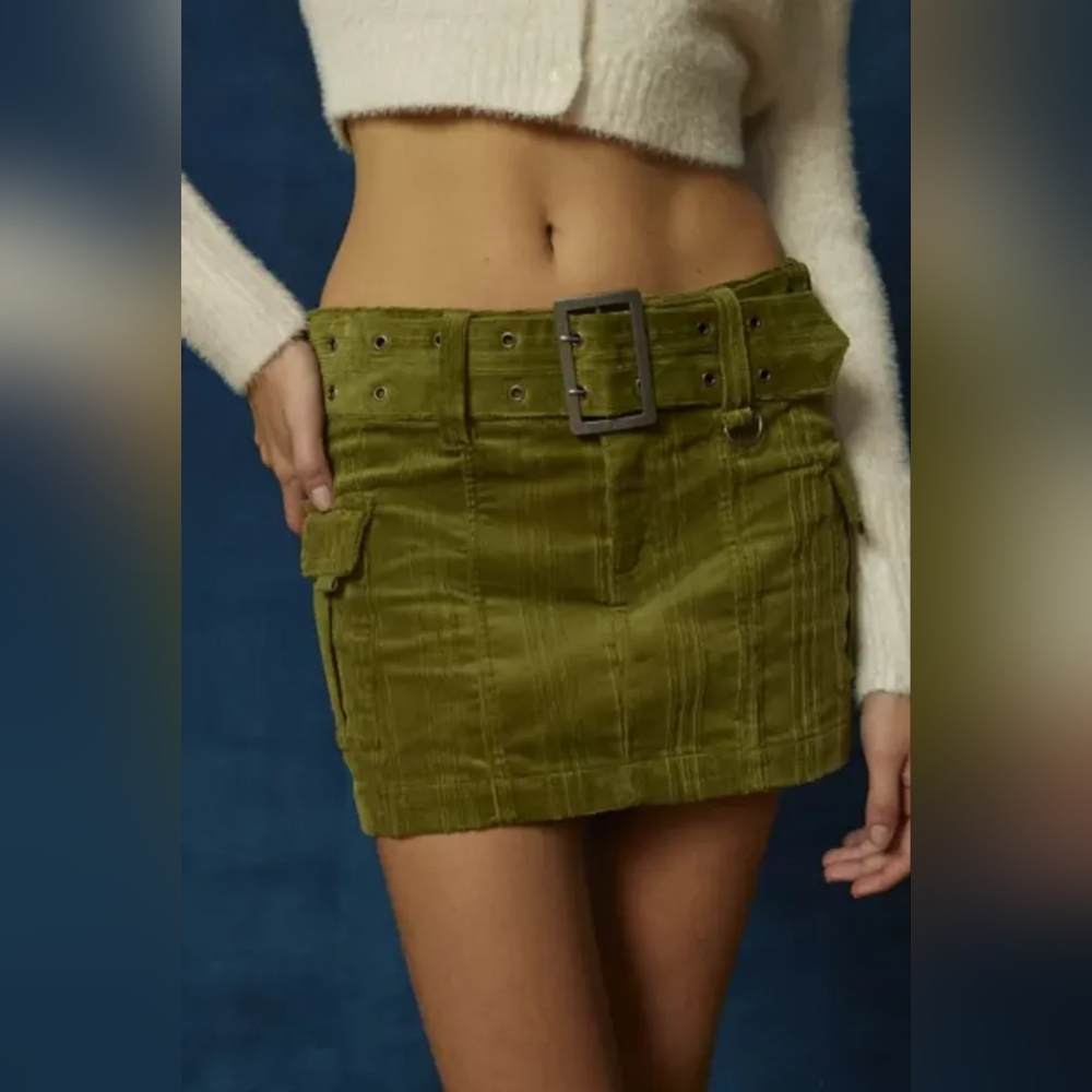 UO Corduroy Belted Mini Skirt in Moss Green